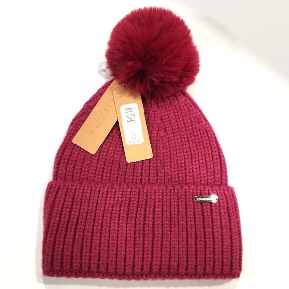 NWT Steve Madden Raspberry Knit Faux Fur Pom-Pom Beanie Hat One Size - Picture 6 of 6